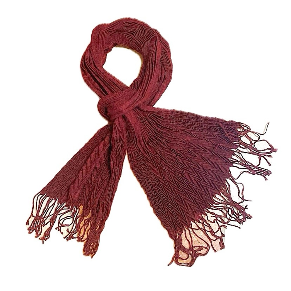 Burgundy Wine Pleated Fringe Scarf Wrap Long Fashion Layered Textured Accessory